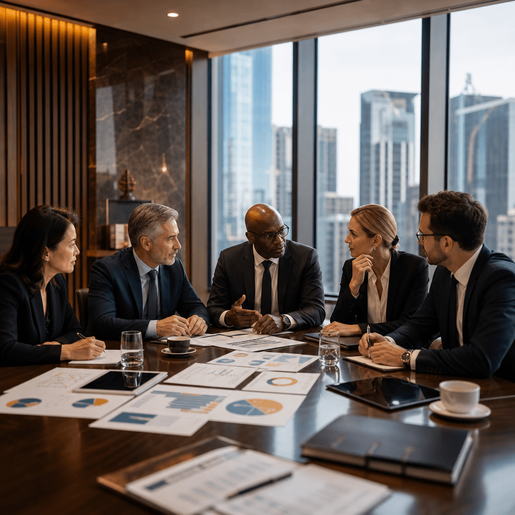 Boardroom discussion among senior professionals